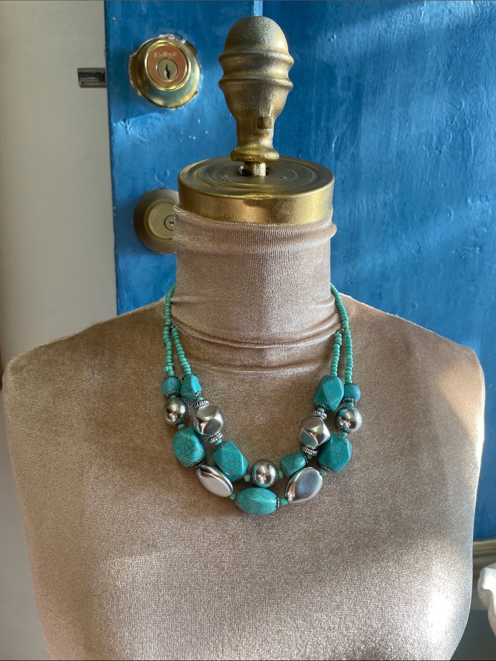 Turquoise Beaded Statement Necklace - Turquoise Silver